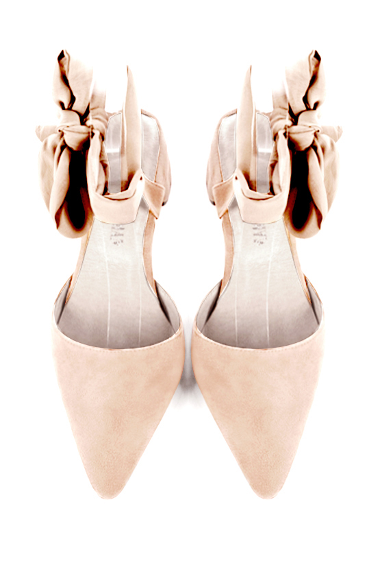 Powder pink women's open back shoes, with an ankle scarf. Tapered toe. Low flare heels. Top view - Florence KOOIJMAN